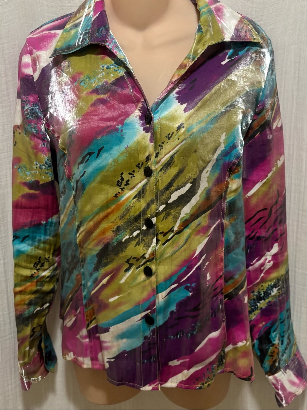 Erin London artsy multi-color shimmer button-down tunic shirt retro abstract S